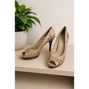 Franco Sarto Leather Laser Cut Peep Toe Heels Tan Platform Pumps Size 9M Classic